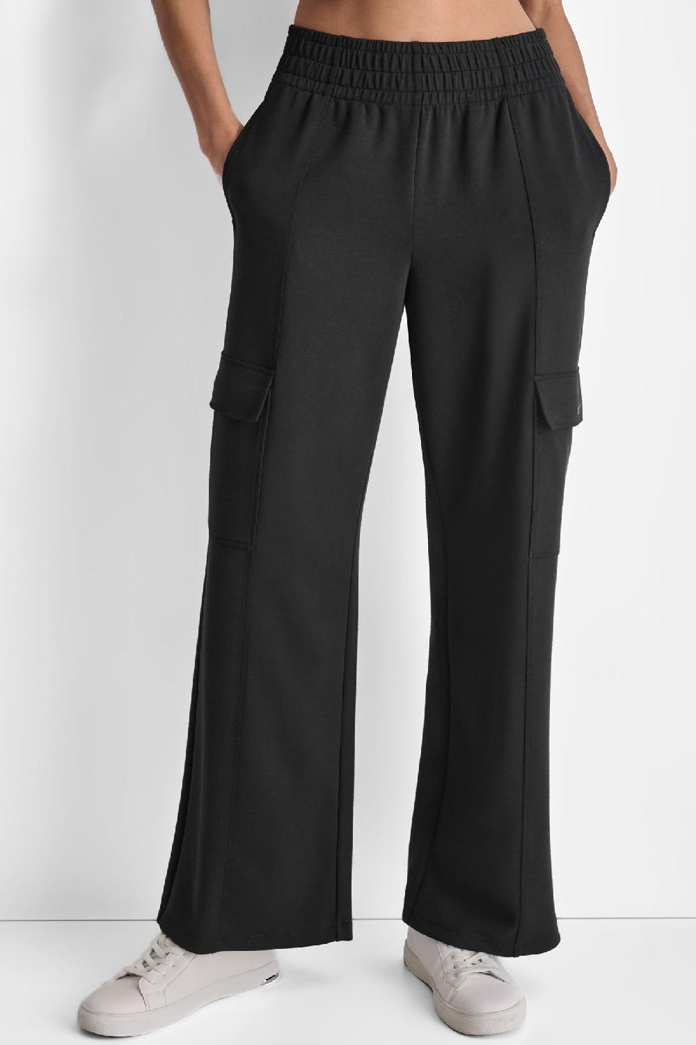 dkny HIGH RISE SEAMED WIDE LEG CARGO SWEATPANT Black