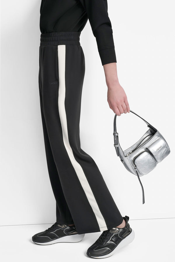 Dkny HIGH-RISE STRIPED WIDE-LEG SWEATPANT BLACK/ EGGNOG