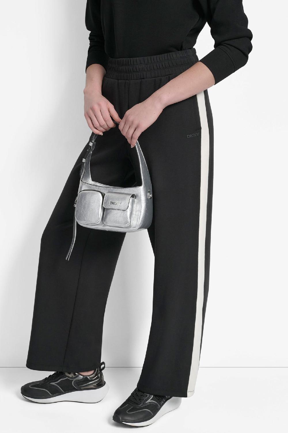 dkny HIGH-RISE STRIPED WIDE-LEG SWEATPANT BLACK/ EGGNOG