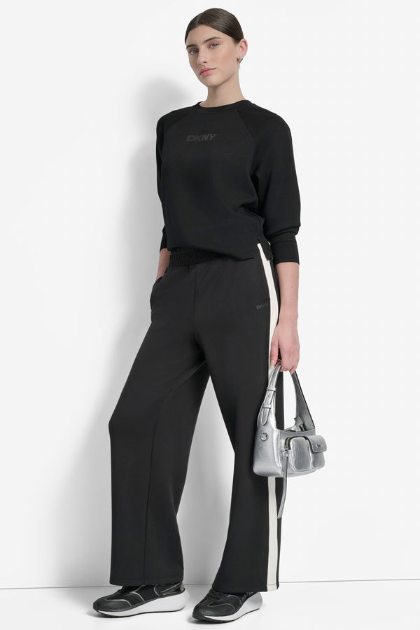 Dkny HIGH-RISE STRIPED WIDE-LEG SWEATPANT BLACK/ EGGNOG