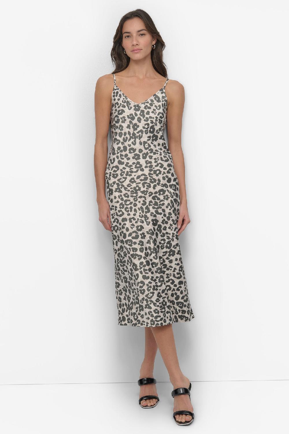 dkny HIGH-SPLIT MIDI SLIP DRESS PROWL LIGHT CITY KHAKI