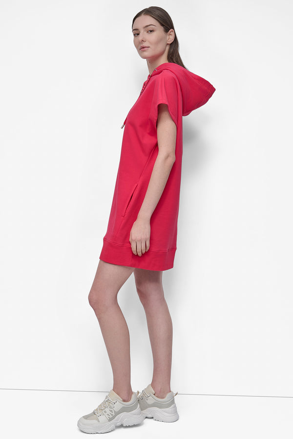Dkny LOGO DRAWSTRING MINI HOODIE DRESS AZALEA/ BLACK
