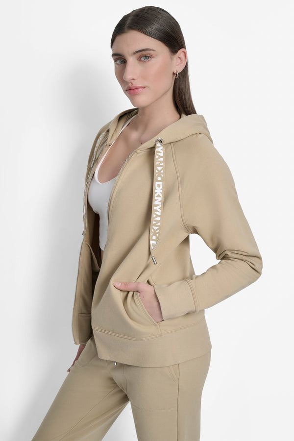 Dkny LOGO DRAWSTRING PERFORMANCE HOODIE TRAVERTINE/WHITE