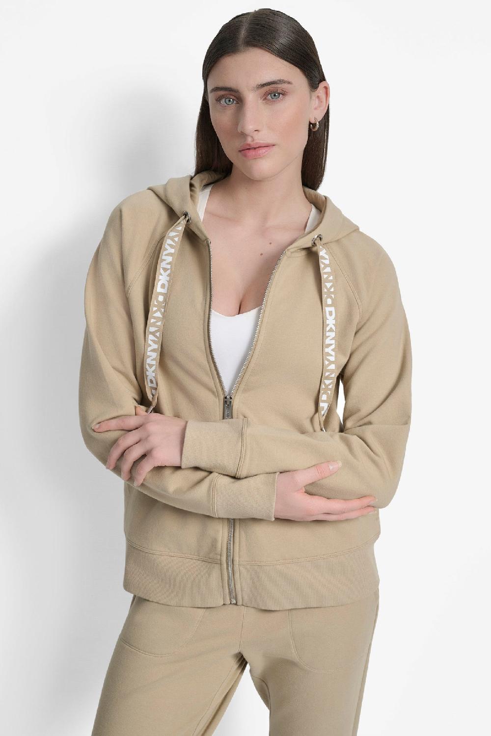 dkny LOGO DRAWSTRING PERFORMANCE HOODIE TRAVERTINE/WHITE