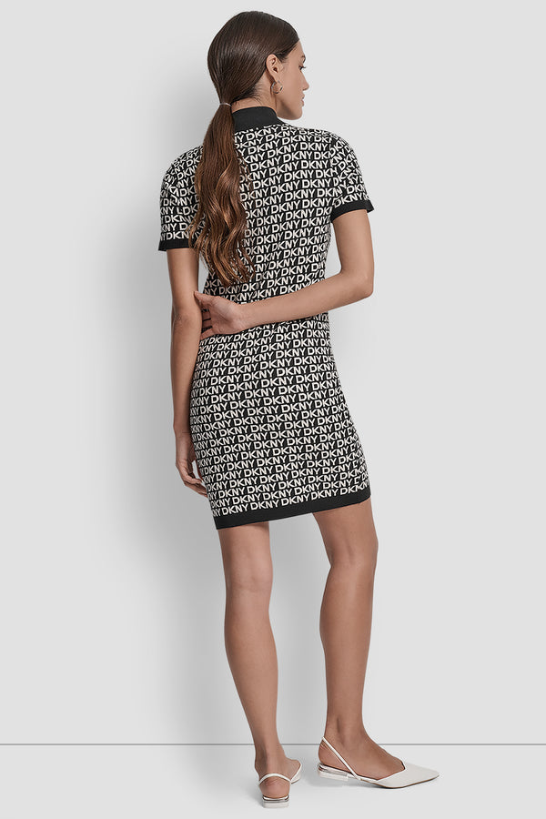 Dkny LOGO JACQUARD BALLET SLEEVE MOCK NECK SHORT DRESS BLACK/EGGNOG