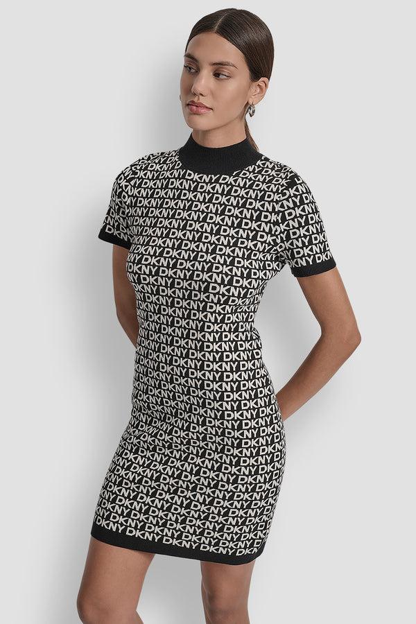 Dkny LOGO JACQUARD BALLET SLEEVE MOCK NECK SHORT DRESS BLACK/EGGNOG