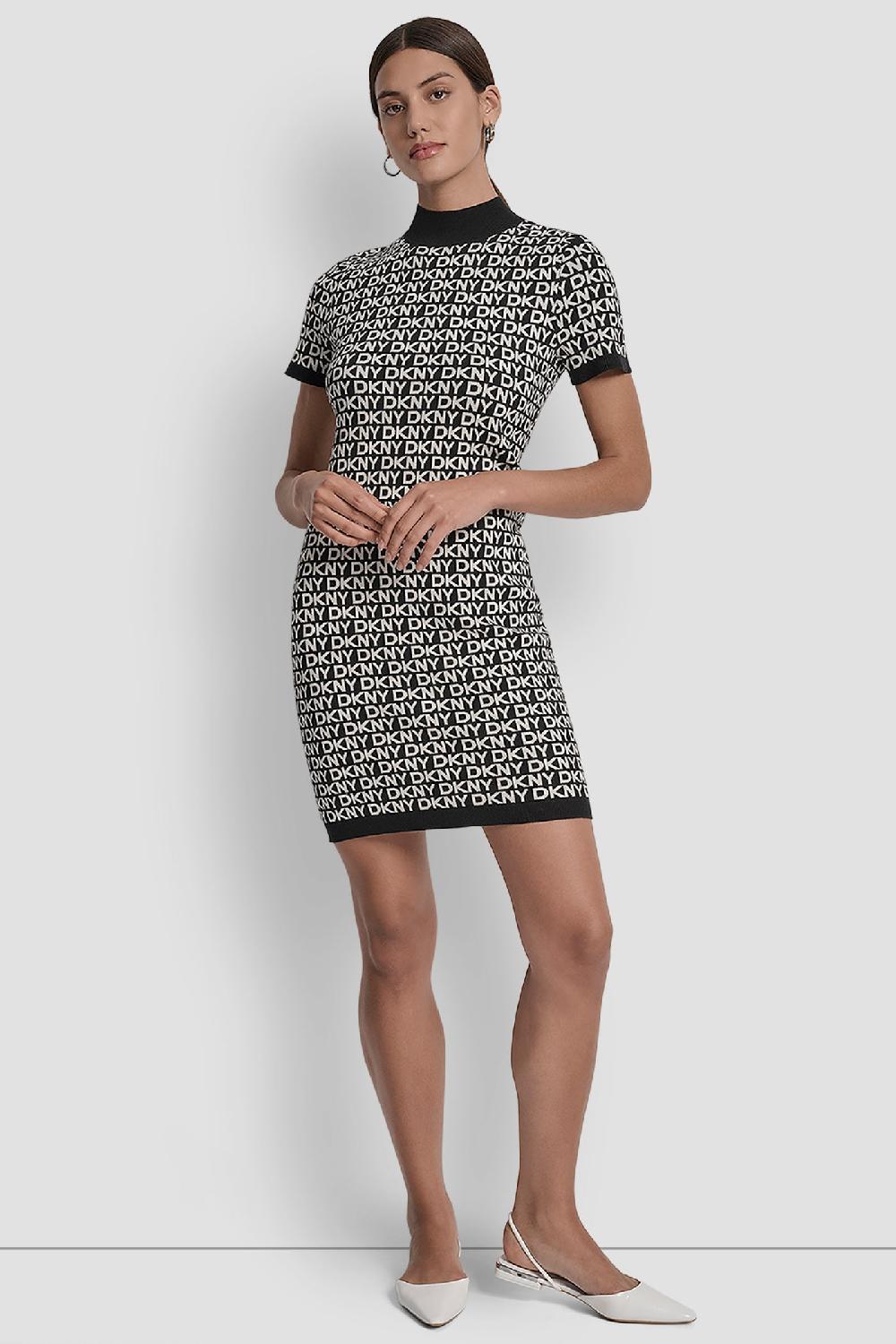 dkny LOGO JACQUARD BALLET SLEEVE MOCK NECK SHORT DRESS BLACK/EGGNOG