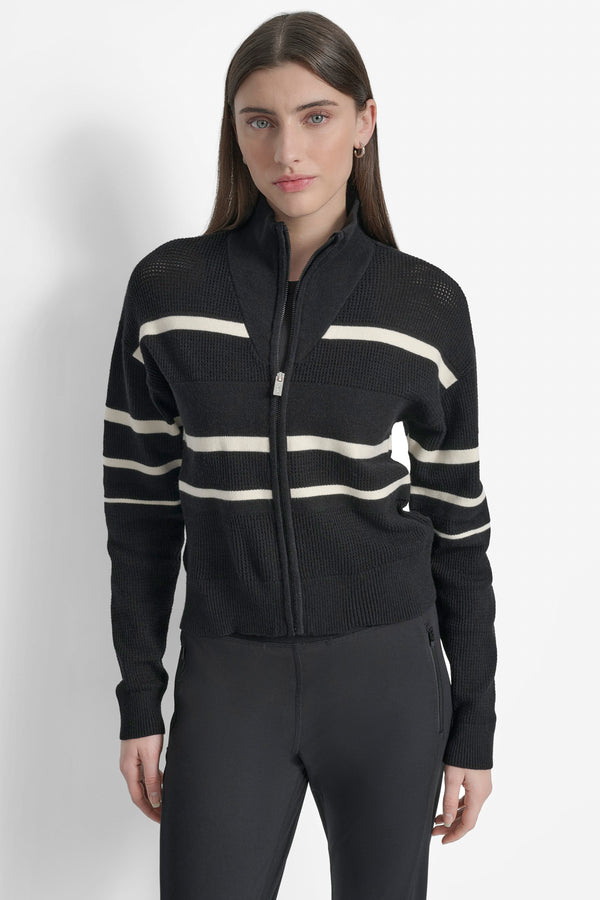 Dkny LOGO STRIPE OPEN-STITCH CARDIGAN JACKET BLACK/ EGGNOG