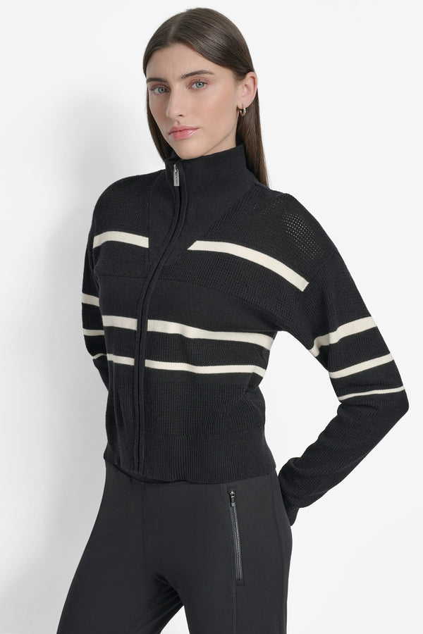 Dkny LOGO STRIPE OPEN-STITCH CARDIGAN JACKET BLACK/ EGGNOG