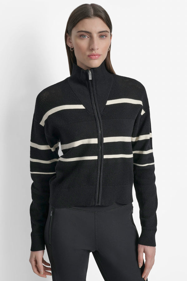 Dkny LOGO STRIPE OPEN-STITCH CARDIGAN JACKET BLACK/ EGGNOG