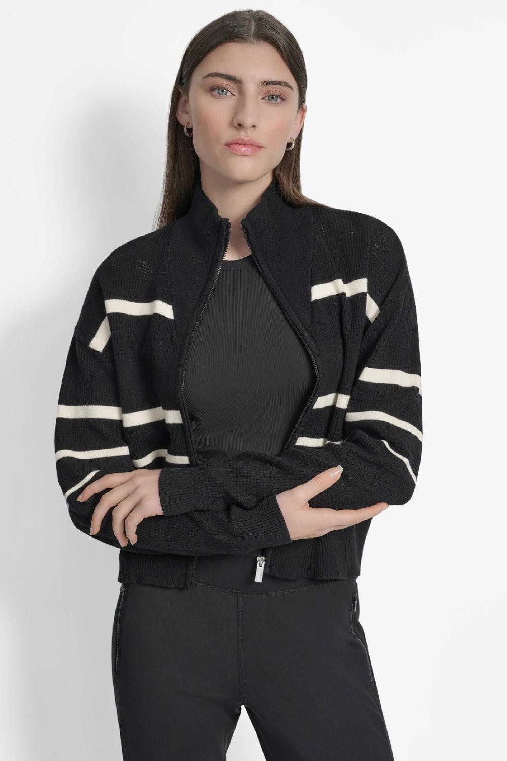 dkny LOGO STRIPE OPEN-STITCH CARDIGAN JACKET BLACK/ EGGNOG