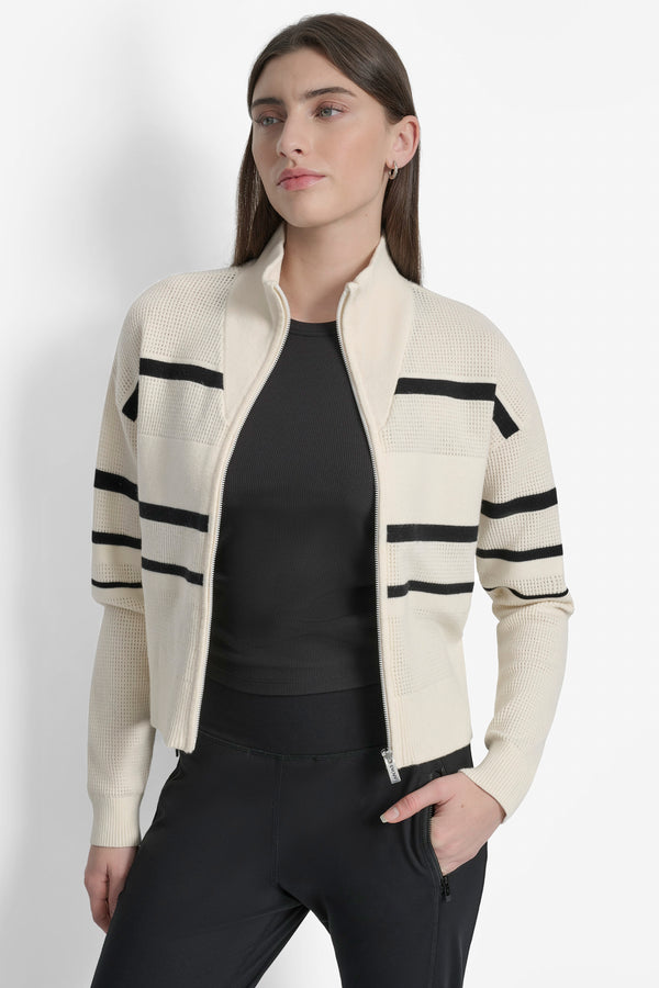 Dkny LOGO STRIPE OPEN-STITCH CARDIGAN JACKET EGGNOG/ BLACK