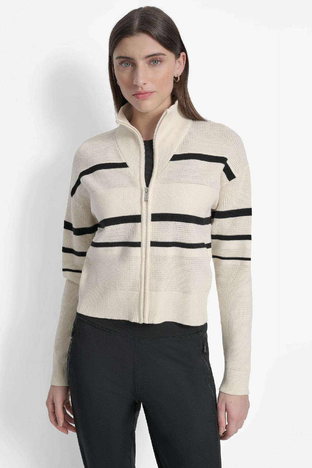 dkny LOGO STRIPE OPEN-STITCH CARDIGAN JACKET EGGNOG/ BLACK