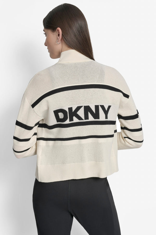 Dkny LOGO STRIPE OPEN-STITCH CARDIGAN JACKET EGGNOG/ BLACK