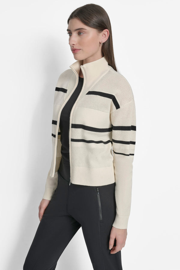 Dkny LOGO STRIPE OPEN-STITCH CARDIGAN JACKET EGGNOG/ BLACK