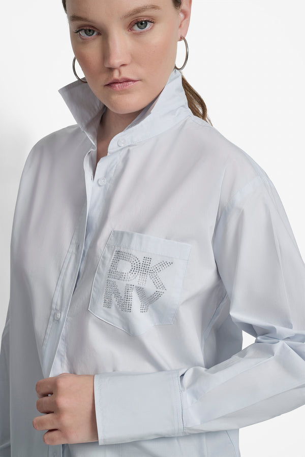 Dkny LONG SLEEVE BUTTON FRONT SHIRT WITH CHEST POCKET RHINESTONE LOGO Powder Blue