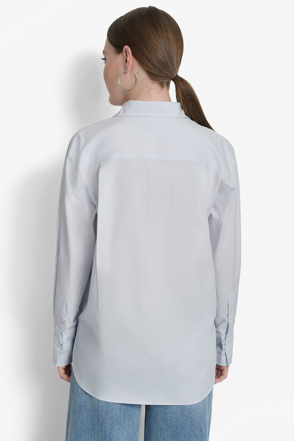 Dkny LONG SLEEVE BUTTON FRONT SHIRT WITH CHEST POCKET RHINESTONE LOGO Powder Blue