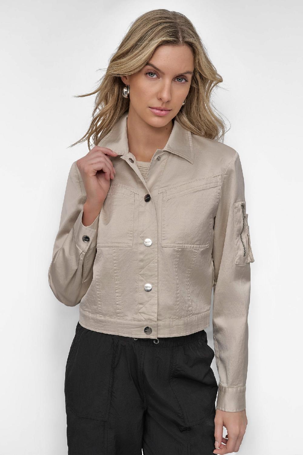 dkny LONG SLEEVE CROPPED SATEEN JACKET LIGHT CITY KHAKI