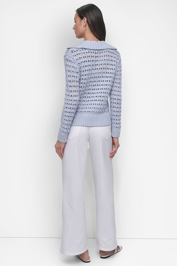 Dkny LONG SLEEVE OPEN POINTELLE STITCH POLO COLLAR SWEATER SKYWAY BLUE