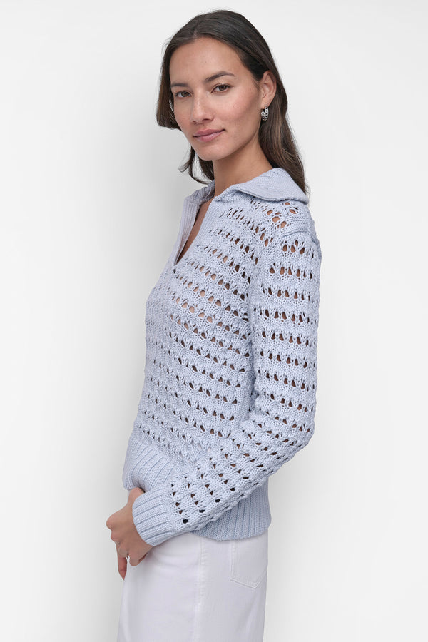 Dkny LONG SLEEVE OPEN POINTELLE STITCH POLO COLLAR SWEATER SKYWAY BLUE