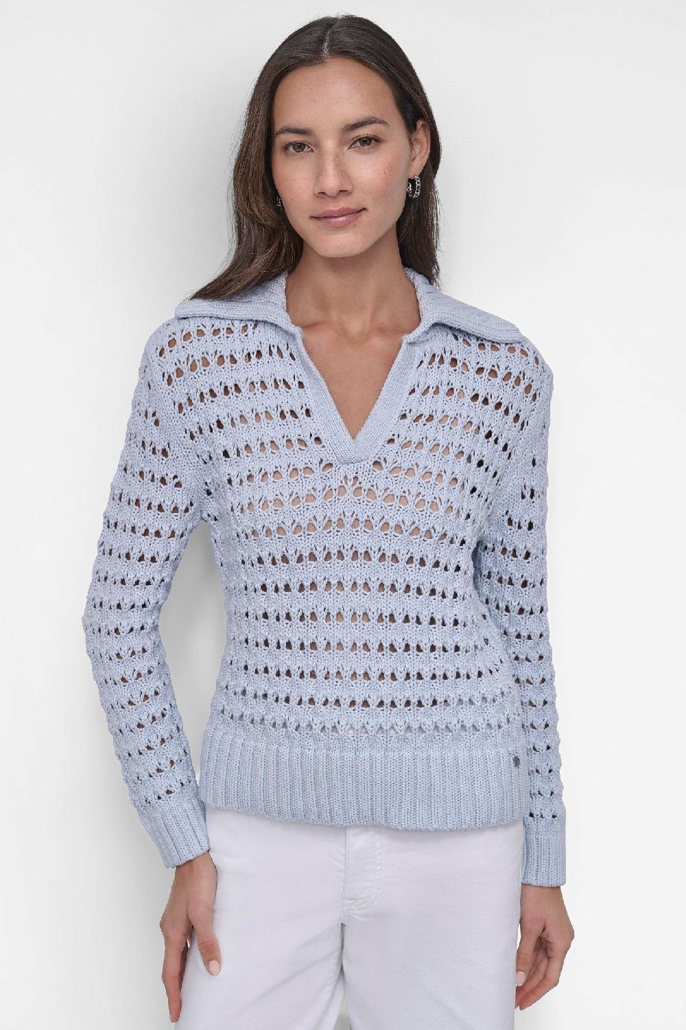 dkny LONG SLEEVE OPEN POINTELLE STITCH POLO COLLAR SWEATER SKYWAY BLUE