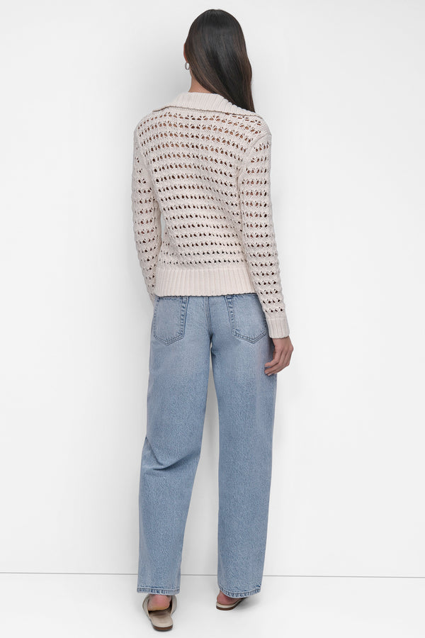 Dkny LONG SLEEVE OPEN POINTELLE STITCH POLO COLLAR SWEATER EGGNOG