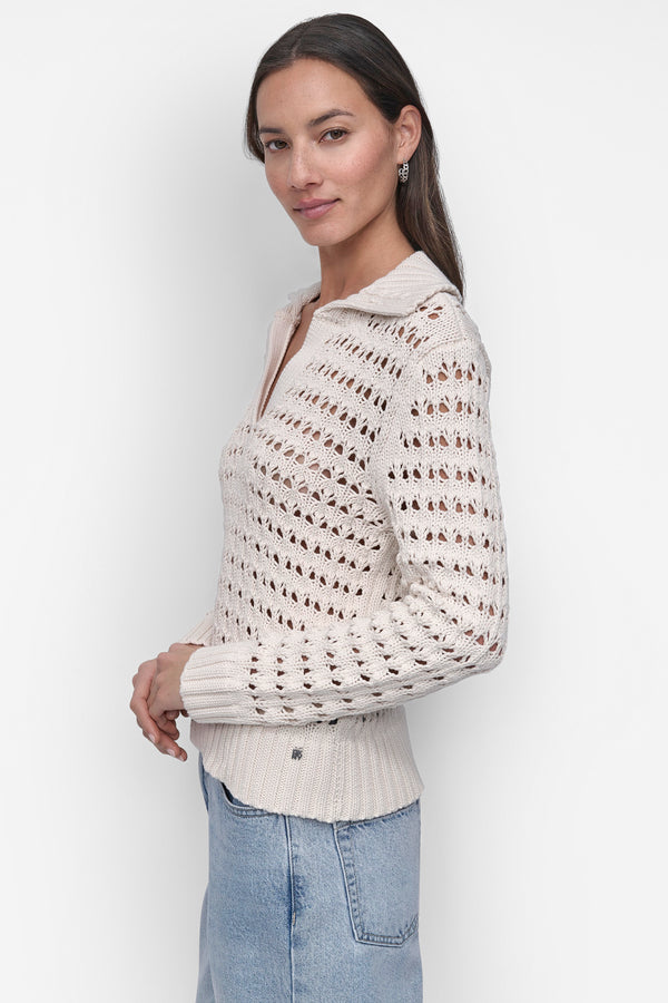 Dkny LONG SLEEVE OPEN POINTELLE STITCH POLO COLLAR SWEATER EGGNOG