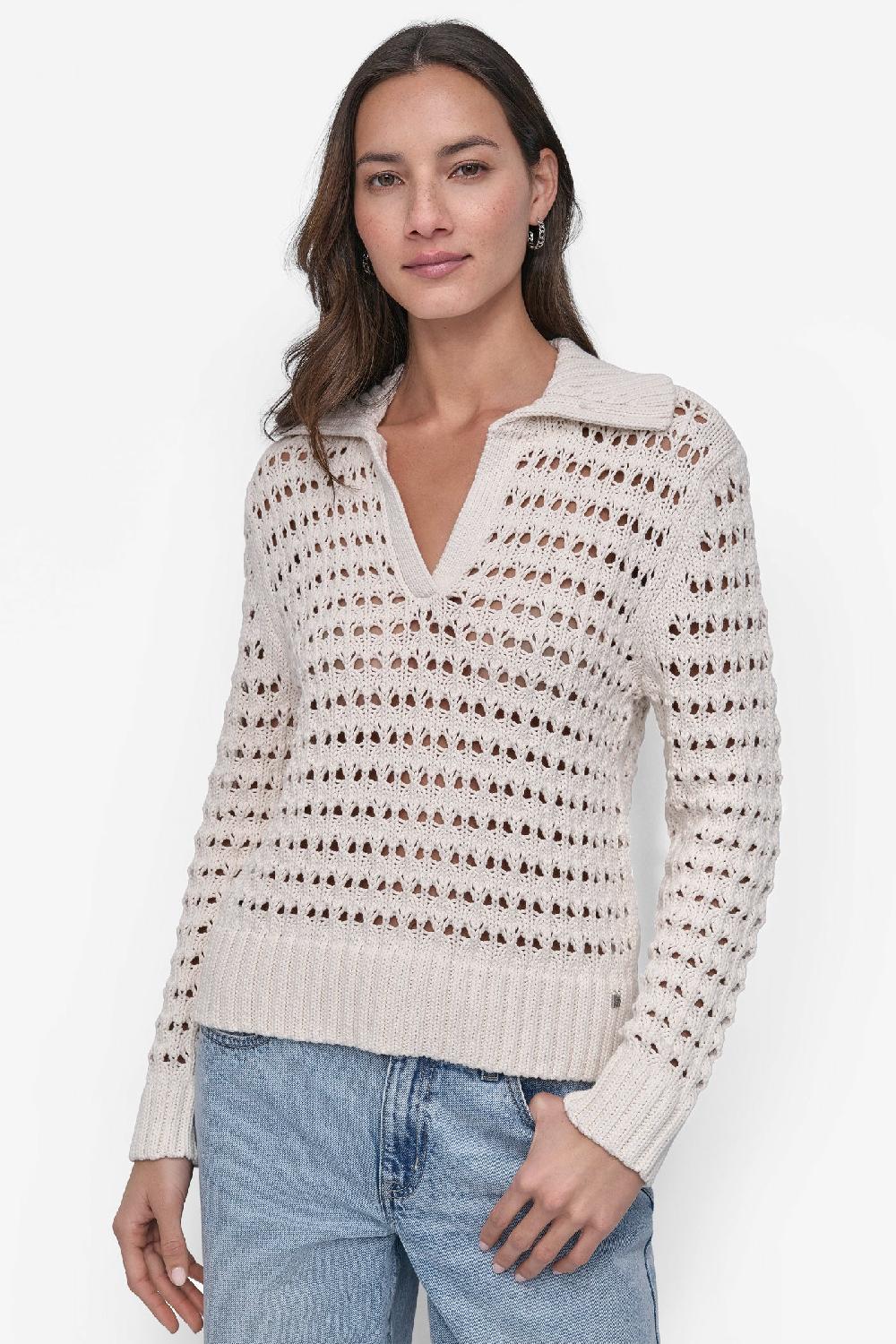 dkny LONG SLEEVE OPEN POINTELLE STITCH POLO COLLAR SWEATER EGGNOG