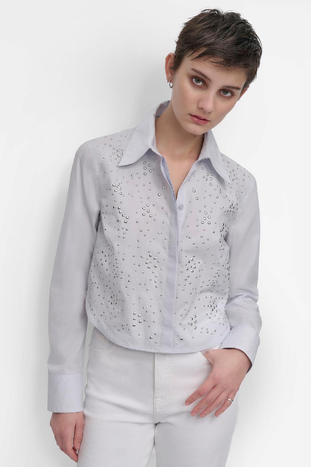 dkny LONG SLEEVE POPLIN TOP WITH DOME STUDS POWDER BLUE