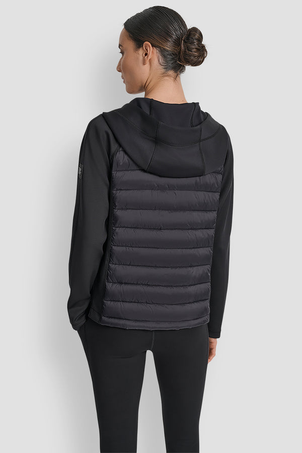 Dkny MIXED MEDIA HOODED HI LOW JACKET MATTE BLACK/ BLACK
