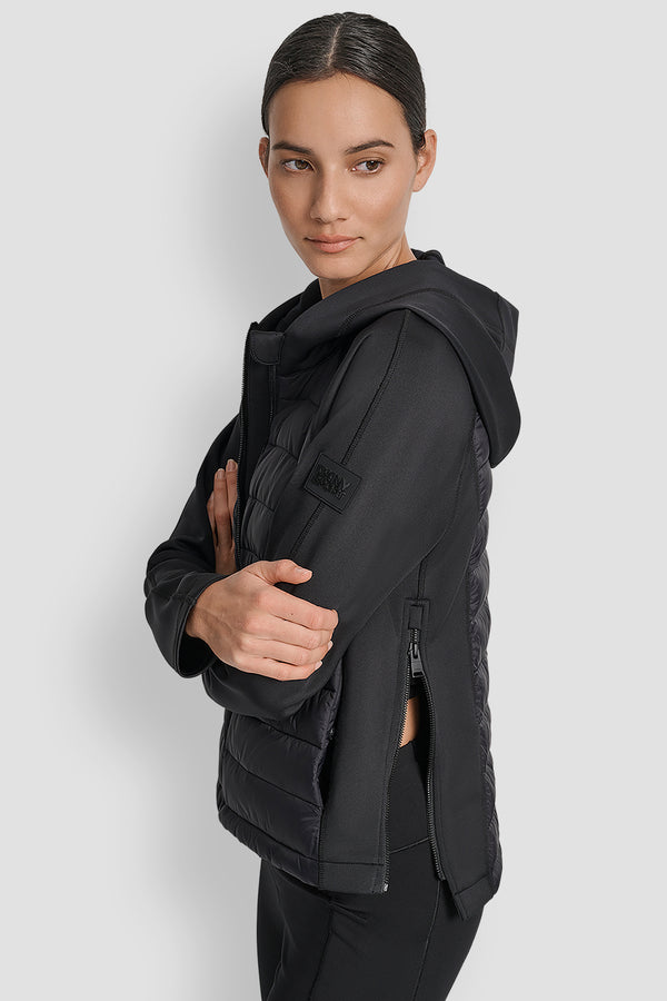 Dkny MIXED MEDIA HOODED HI LOW JACKET MATTE BLACK/ BLACK