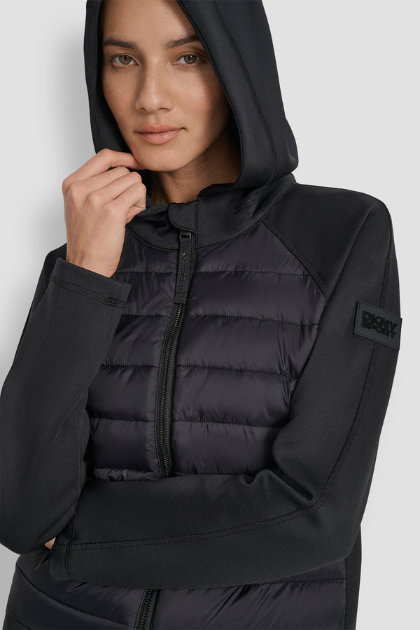 Dkny MIXED MEDIA HOODED HI LOW JACKET MATTE BLACK/ BLACK