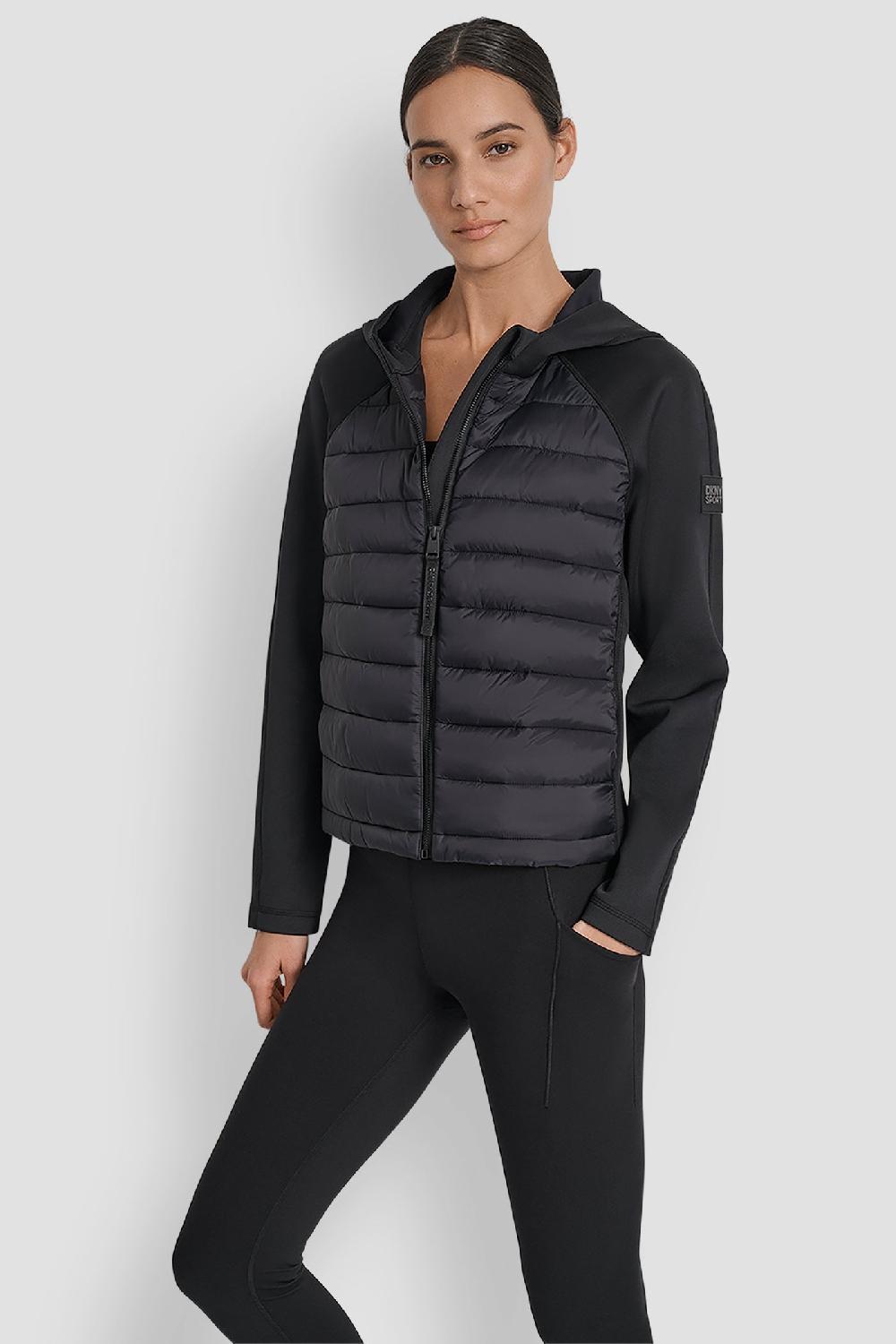 dkny MIXED MEDIA HOODED HI LOW JACKET MATTE BLACK/ BLACK