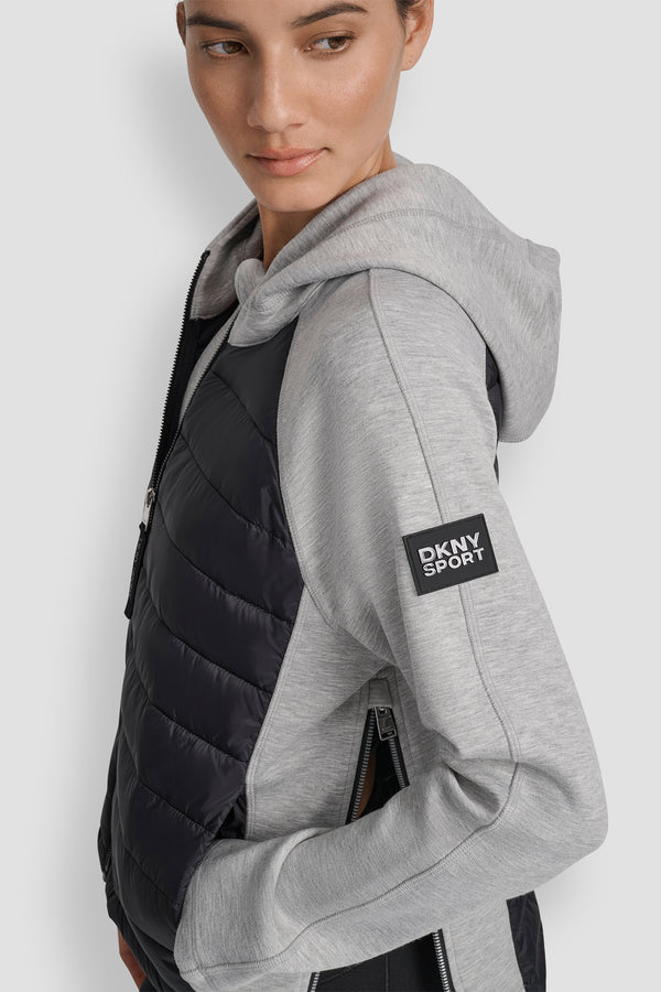 Dkny MIXED MEDIA HOODED HI LOW JACKET MATTE BLACK/ PEARL GREY HEATHER