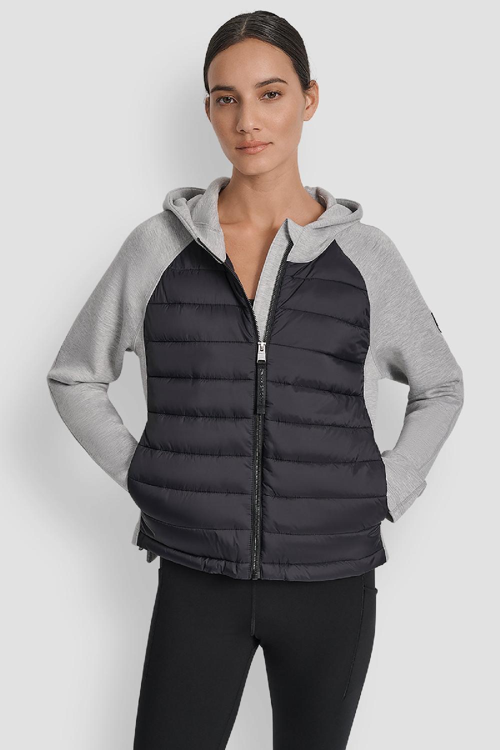 dkny MIXED MEDIA HOODED HI LOW JACKET MATTE BLACK/ PEARL GREY HEATHER