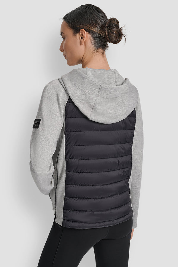 Dkny MIXED MEDIA HOODED HI LOW JACKET MATTE BLACK/ PEARL GREY HEATHER