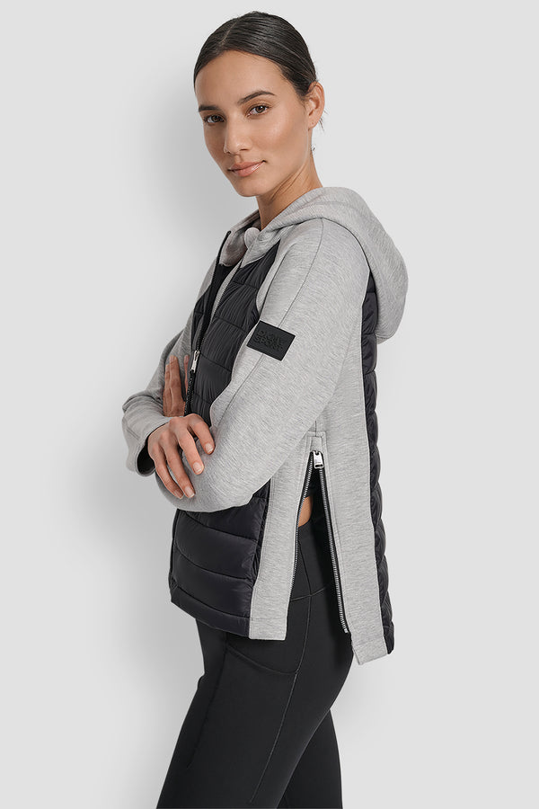 Dkny MIXED MEDIA HOODED HI LOW JACKET MATTE BLACK/ PEARL GREY HEATHER