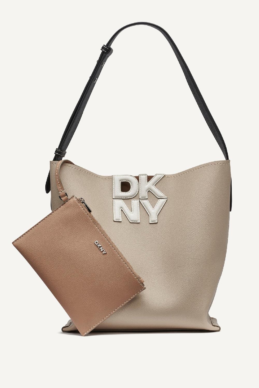 dkny NICOLE LOGO EMBELLISHED BUCKET BAG Light Taupe