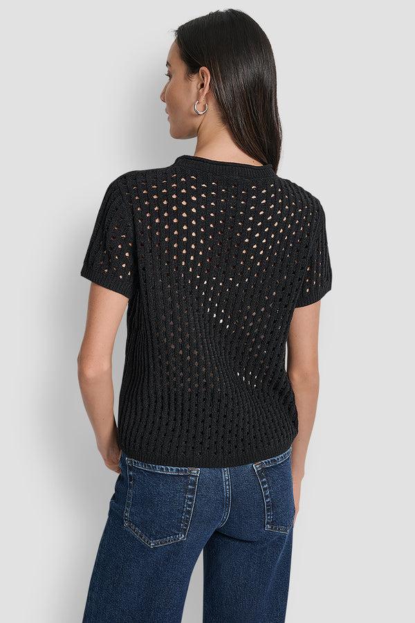 Dkny OPEN STITCH CREW NECK SHORT SLEEVE SWEATER Black