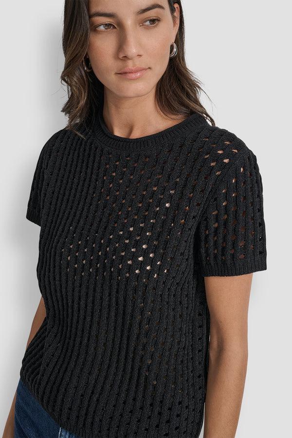 Dkny OPEN STITCH CREW NECK SHORT SLEEVE SWEATER Black