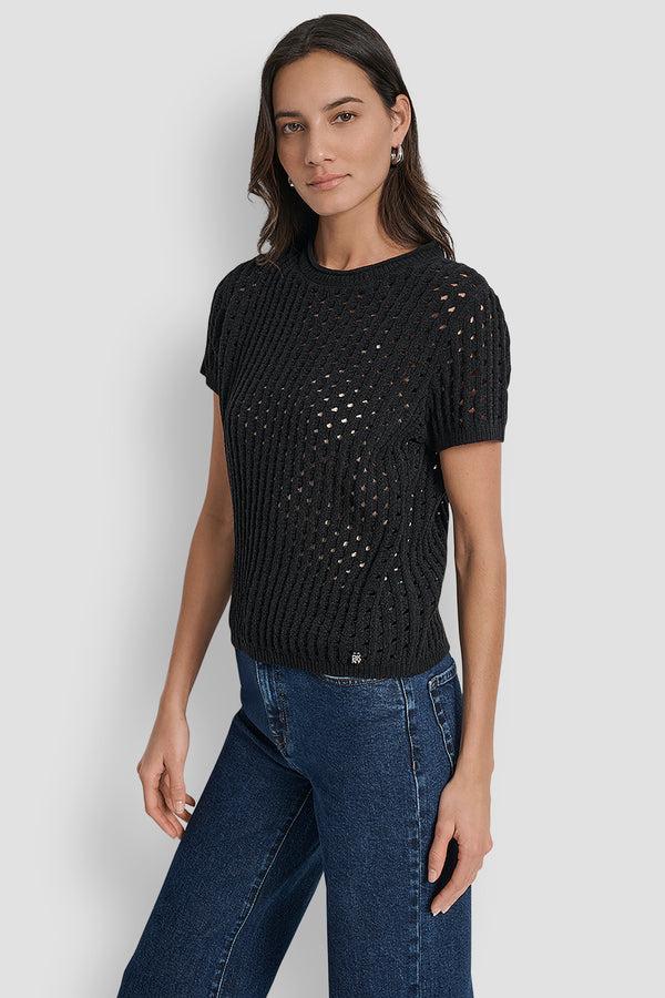 Dkny OPEN STITCH CREW NECK SHORT SLEEVE SWEATER Black