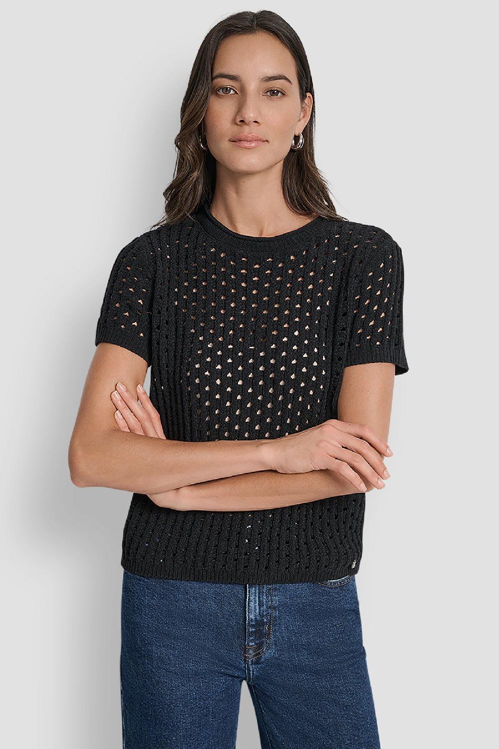 dkny OPEN STITCH CREW NECK SHORT SLEEVE SWEATER Black