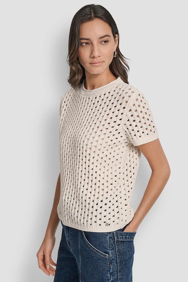 Dkny OPEN STITCH CREW NECK SHORT SLEEVE SWEATER BLONDE