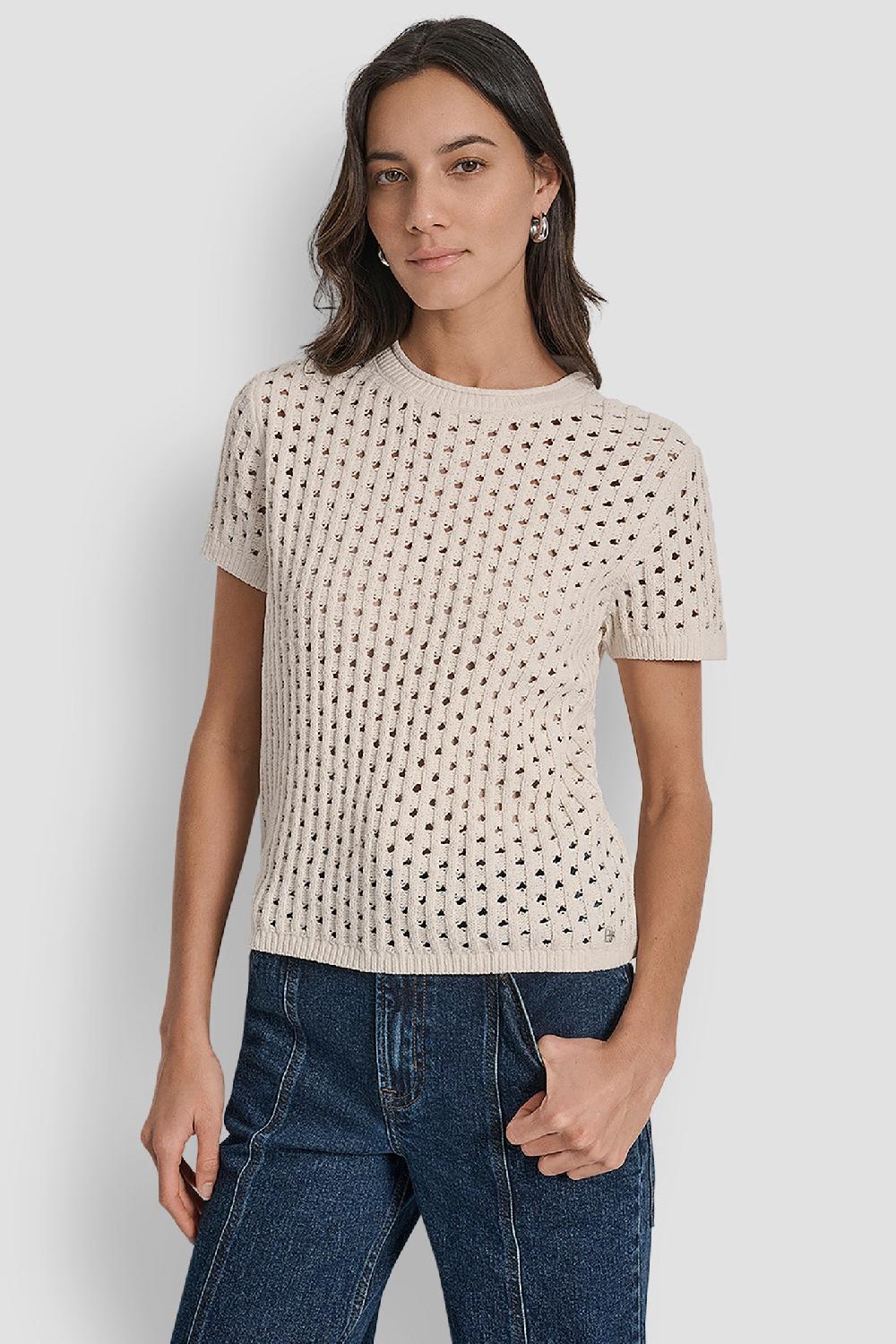 dkny OPEN STITCH CREW NECK SHORT SLEEVE SWEATER BLONDE