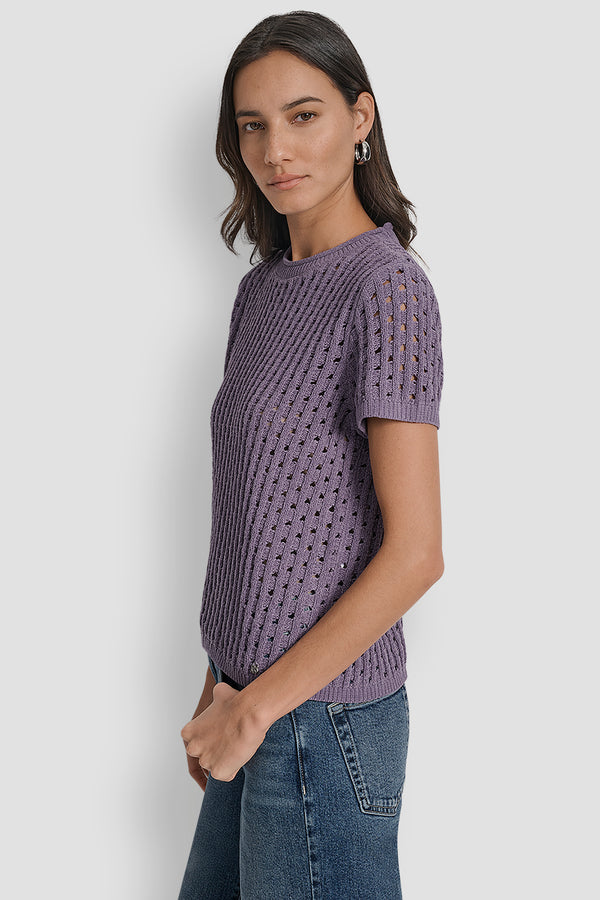 Dkny OPEN STITCH CREW NECK SHORT SLEEVE SWEATER VESPER