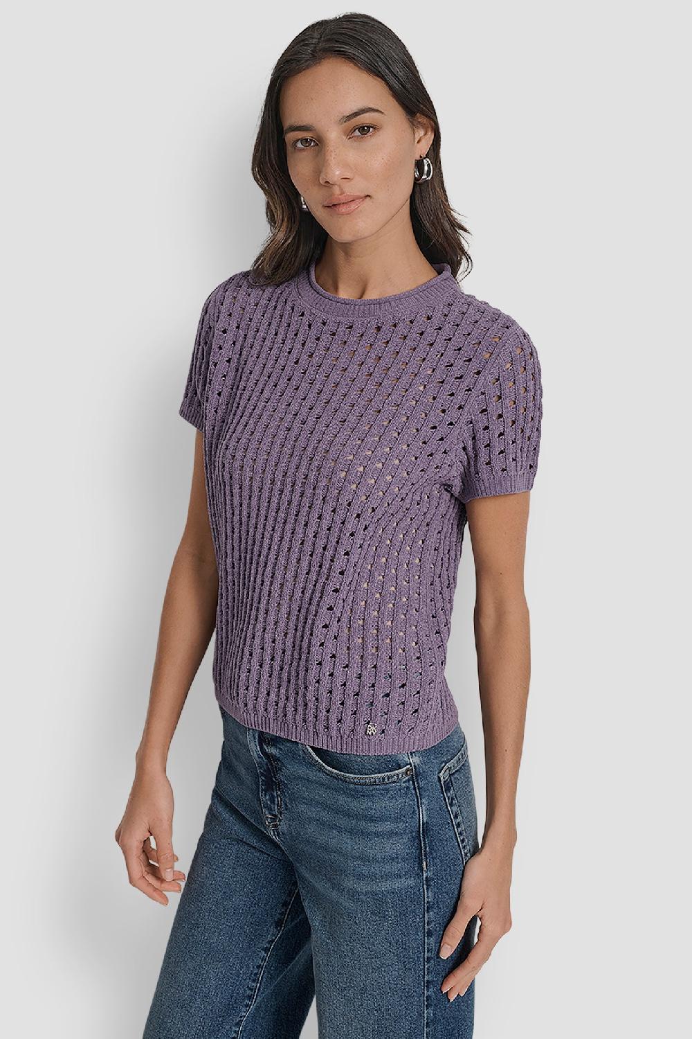 dkny OPEN STITCH CREW NECK SHORT SLEEVE SWEATER VESPER