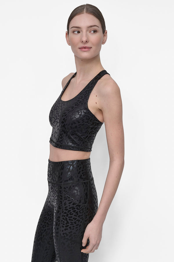 Dkny PRINTED RACERBACK CROP TANK WITH BUILT IN SHELF BRA NIGHT CAT FOIL