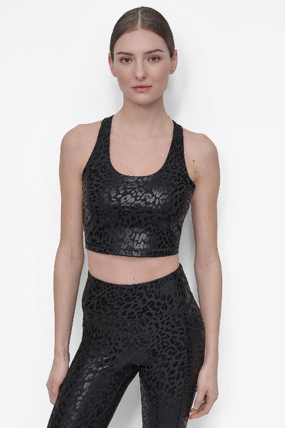 dkny PRINTED RACERBACK CROP TANK WITH BUILT IN SHELF BRA NIGHT CAT FOIL