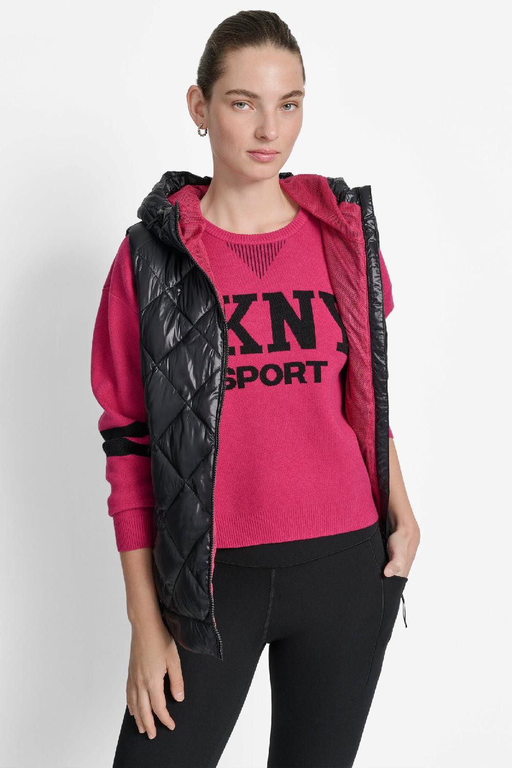 dkny QUILTED HOODED VEST METALLIC BLACK/WILD BERRY MESH