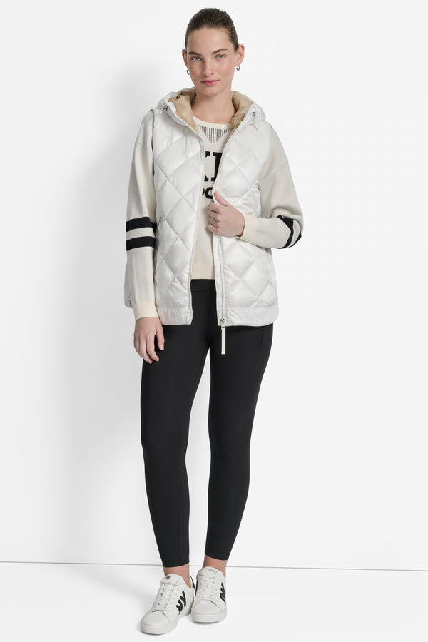 Dkny QUILTED HOODED VEST METALLIC IVORY/ TRAVERTINE MESH